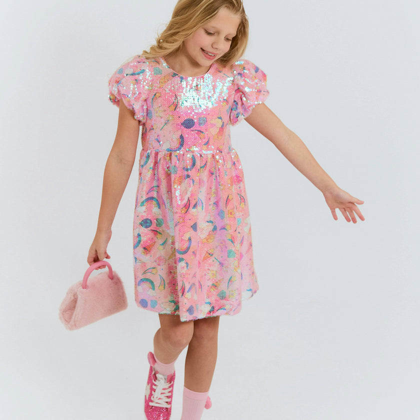 Dream Sequin Short Puff Sleeve Dress