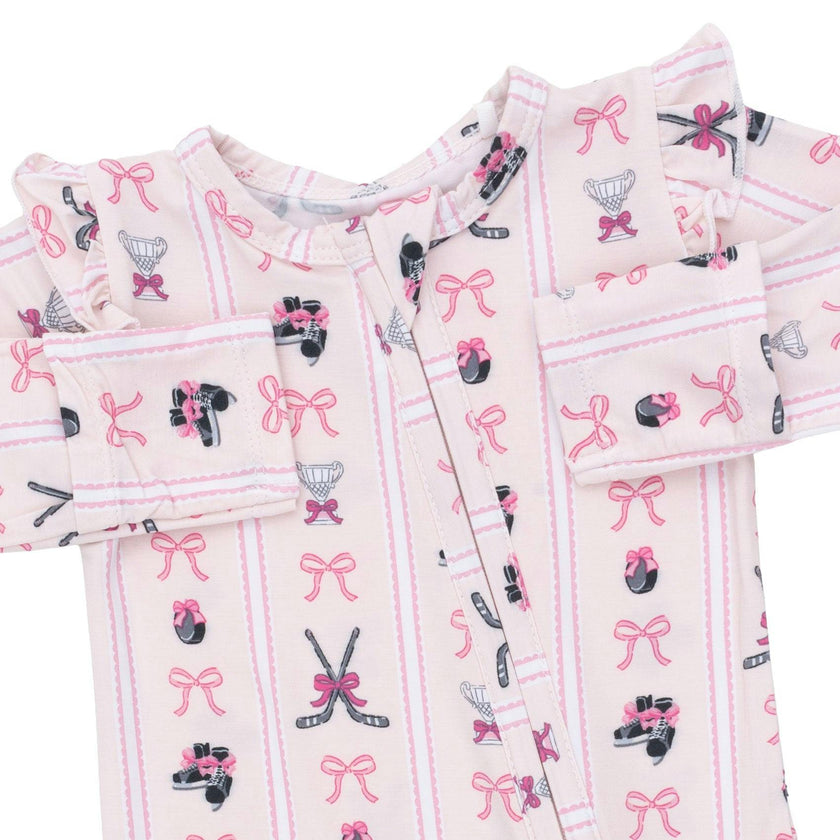 Megan's Bowtiful Hockey Stripe - 2 Way Ruffle Sleeve Zipper Footie