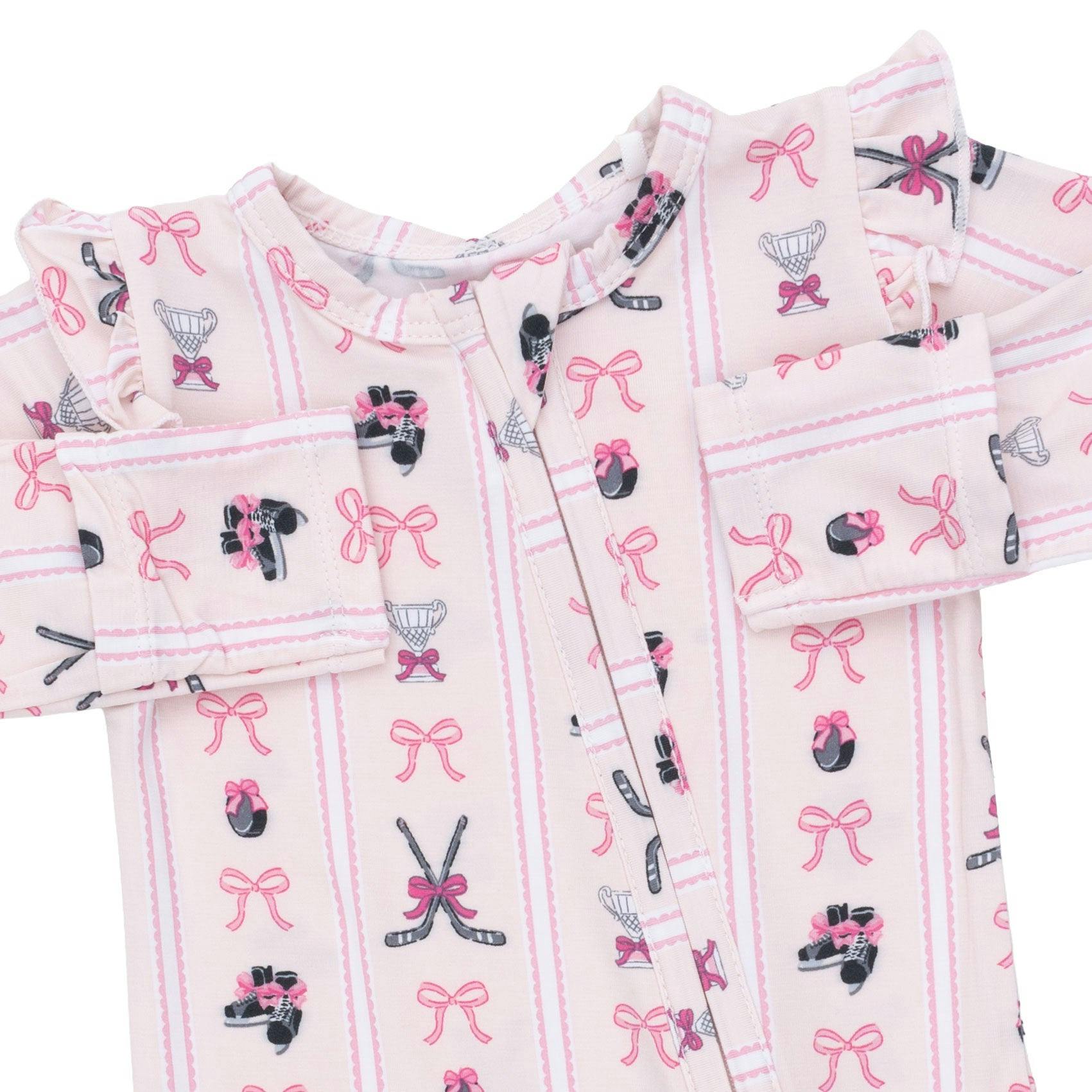 Megan's Bowtiful Hockey Stripe - 2 Way Ruffle Sleeve Zipper Footie