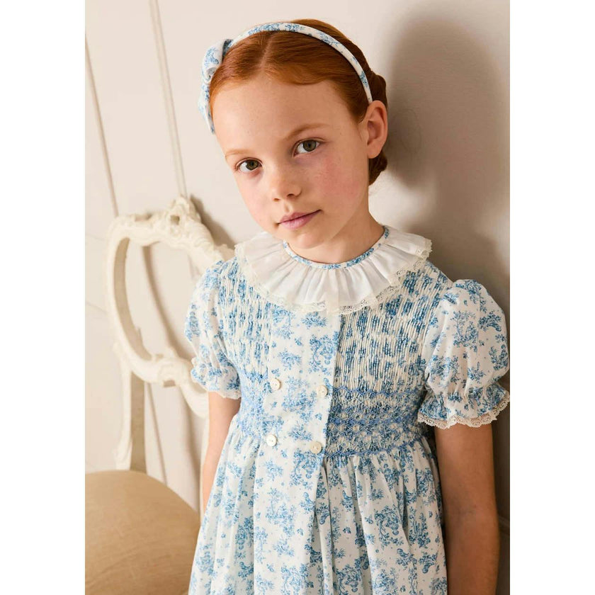 Audrey Toile Hand Smocked Ruffle Collar Short Sleeve Dress in Blue (12mths- 10yrs)