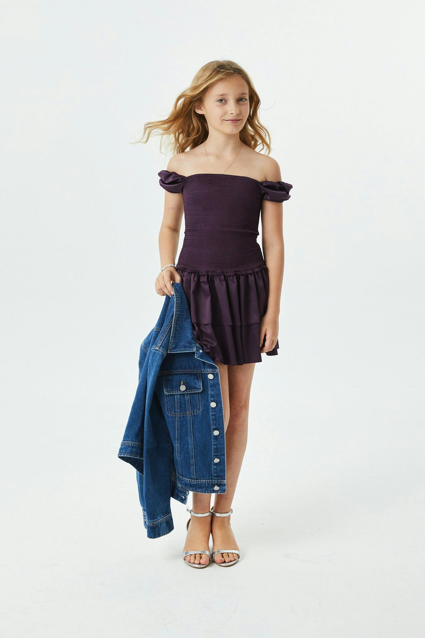 Lexi Aubergine Satin Smocked Short Sleeve Ruffle Dress