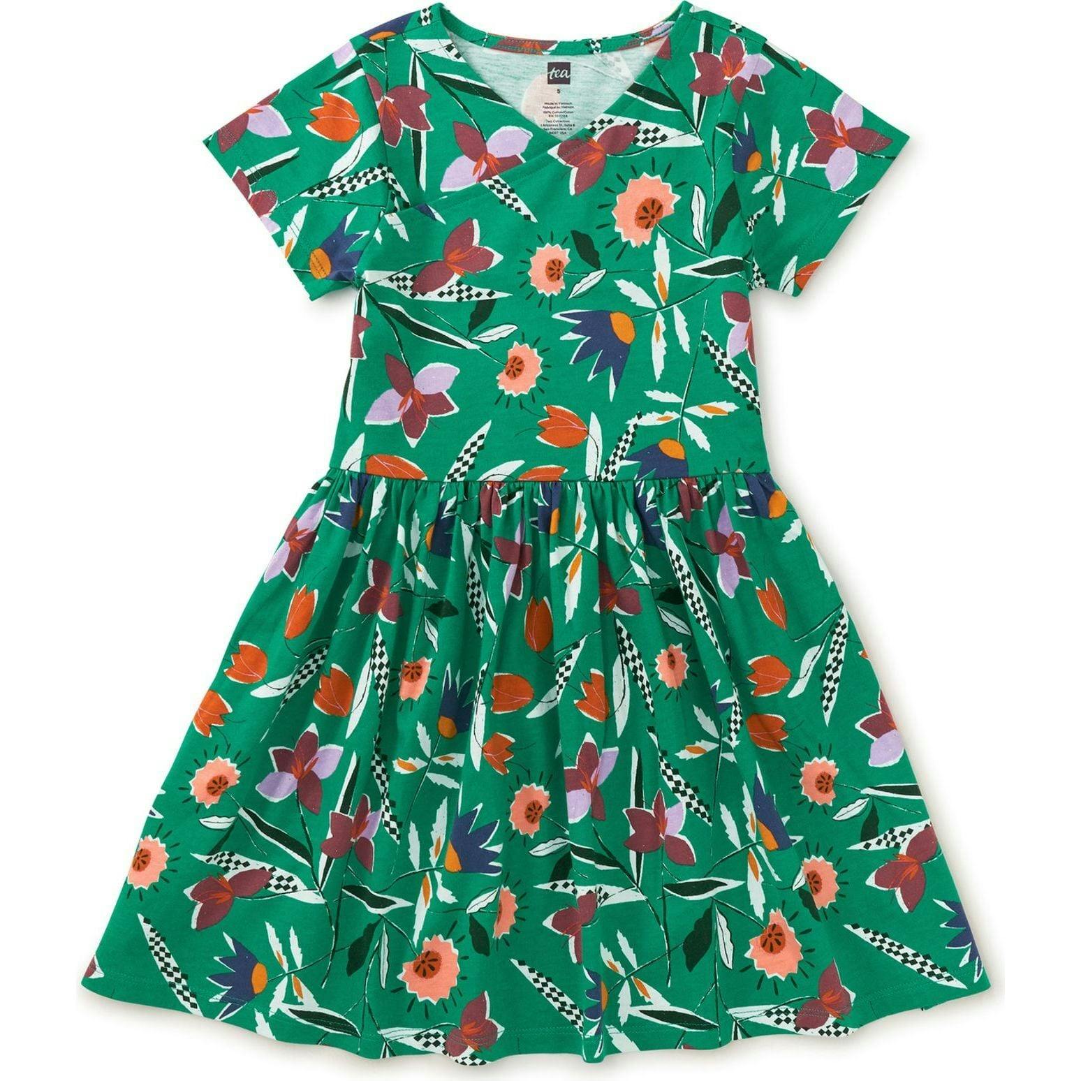 Short Sleeve Wrap Neck Dress, Green