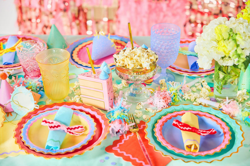 Packed Party Rainbow Ric Rac 10ct Paper Dinner Plates | Gold Foil Scalloped 5-Color Mix Party Plates |10 Inch Birthday Plates