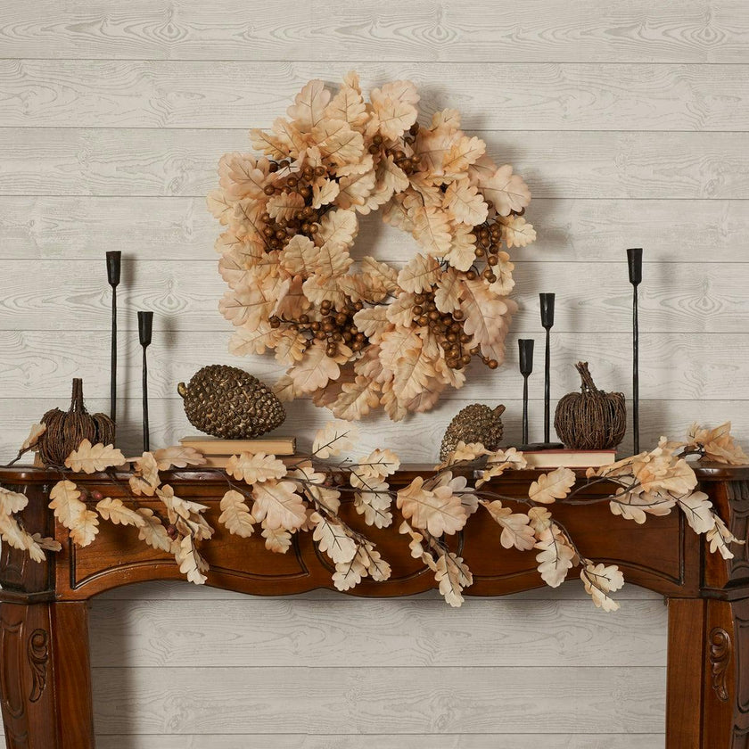 Bleached Cream Oak Leaf & Toffee Brown Berry Fall Autumn Mantel Front Door Wreath