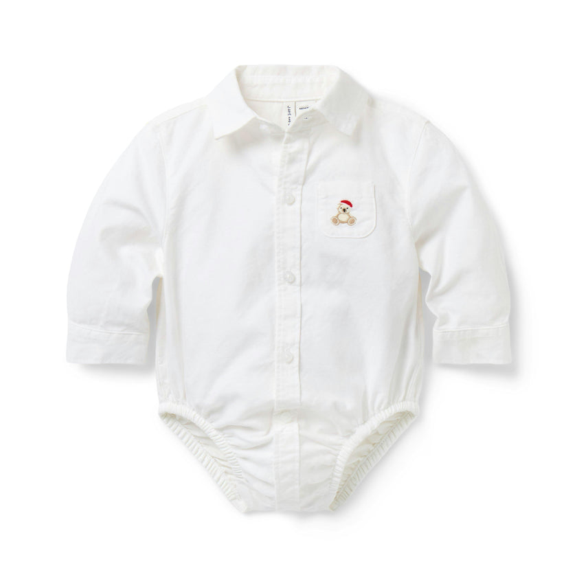 The Holiday Bear Oxford Baby Bodysuit, ivory