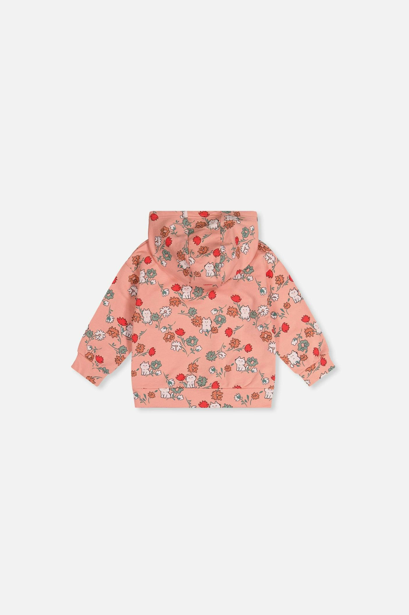 Baby French Terry Hooded Cardigan Pink Cat Print
