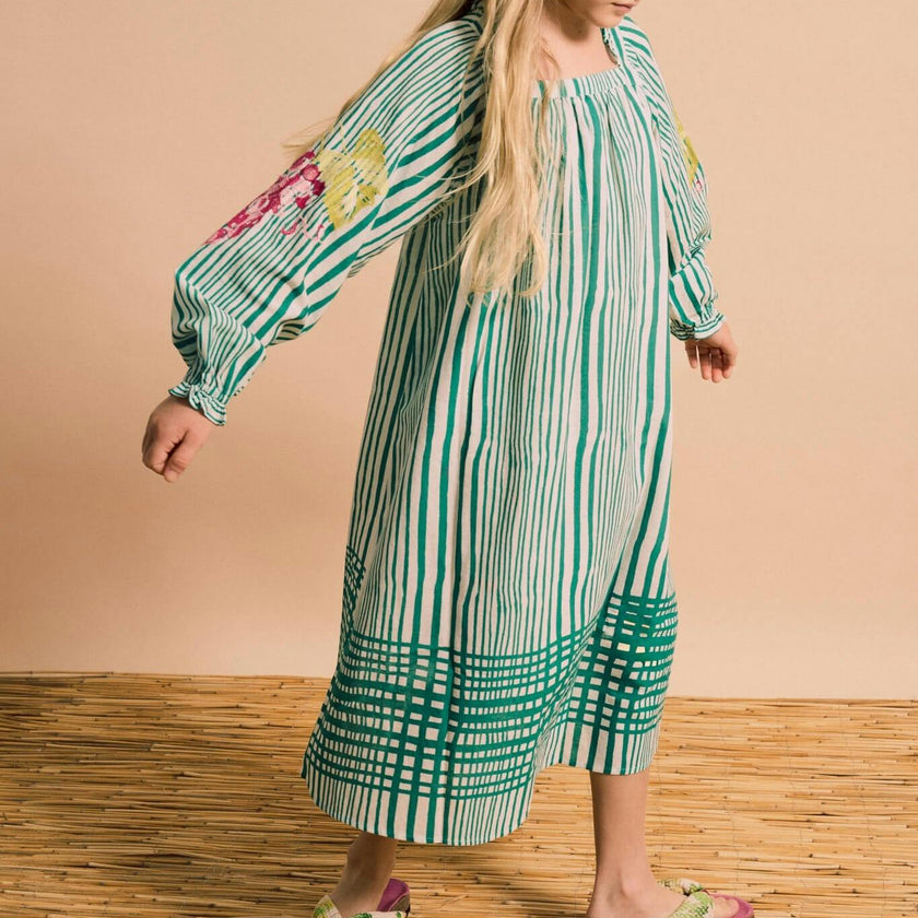 UVAS STRIPED DRESS WITH PUFFY SLEEVES GREEN