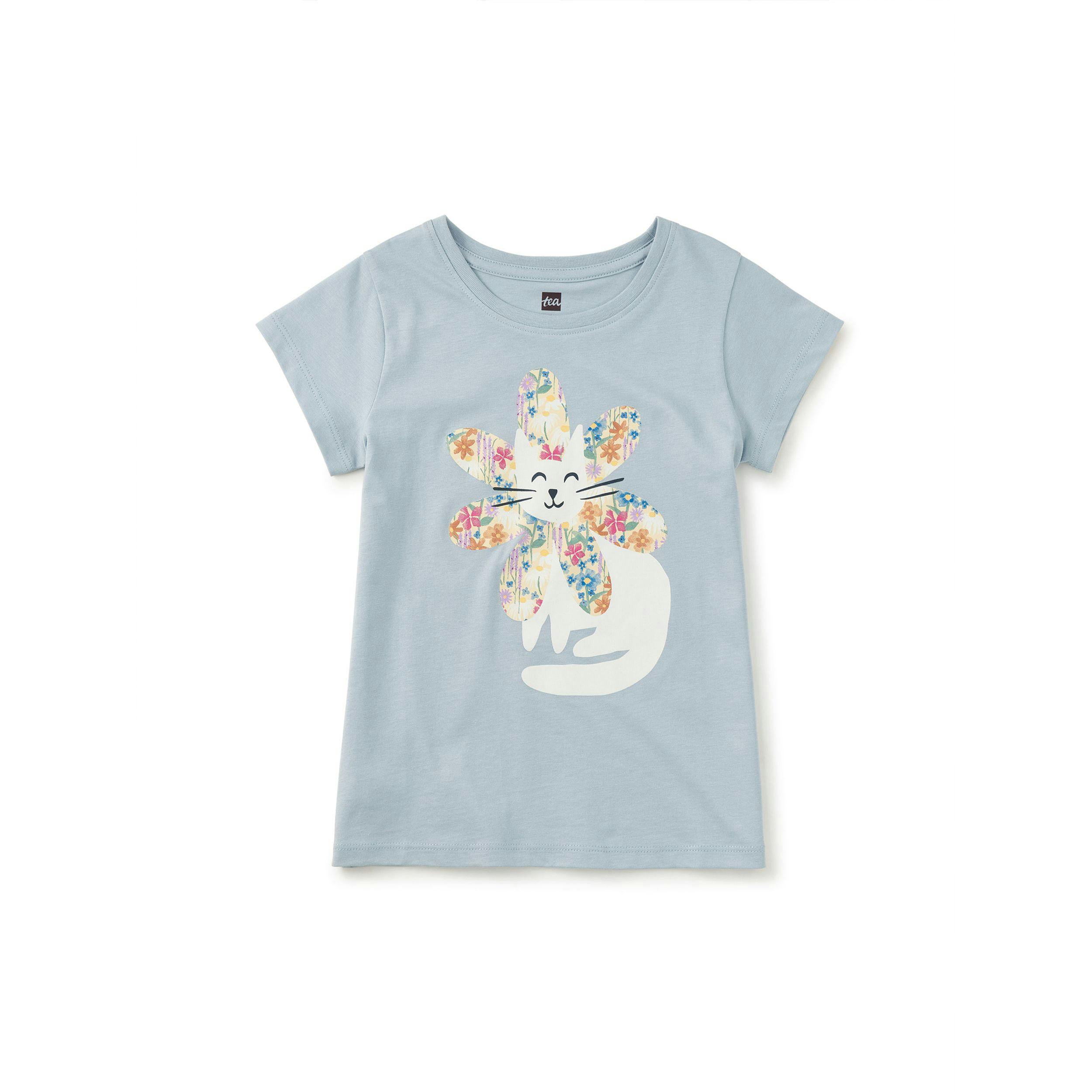 Flower Cat Graphic Tee, Blue Fog