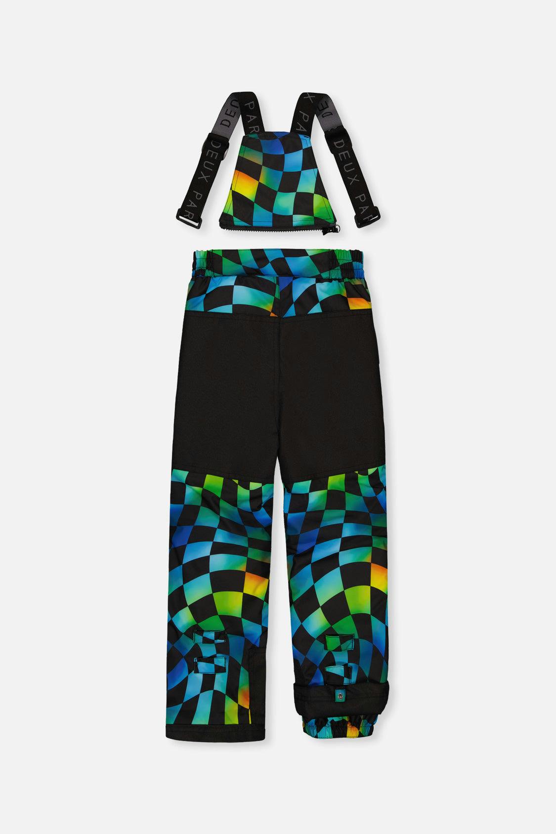 Two Piece Play Snowsuit Black Colorblock With Green Yellow And Blue Checkerboard Pants