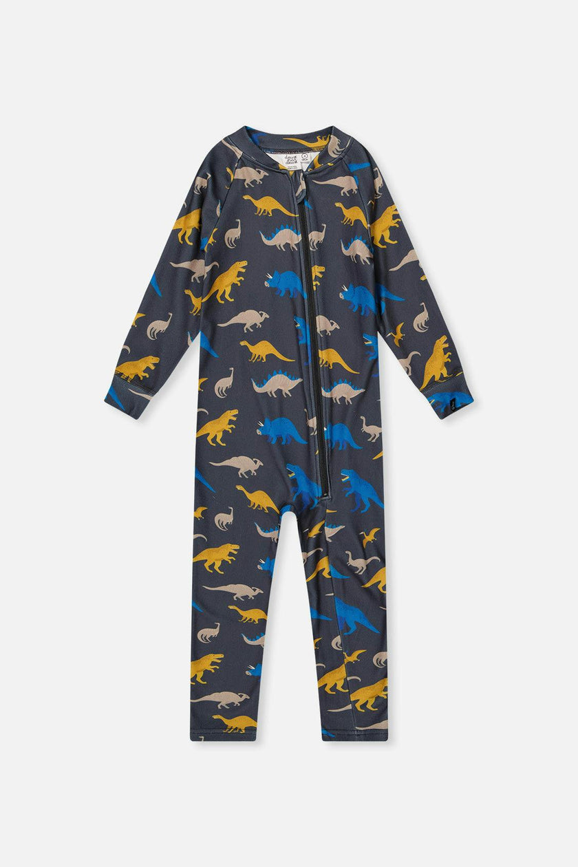 One Piece Thermal Underwear Grey and Blue Dinosaur Print