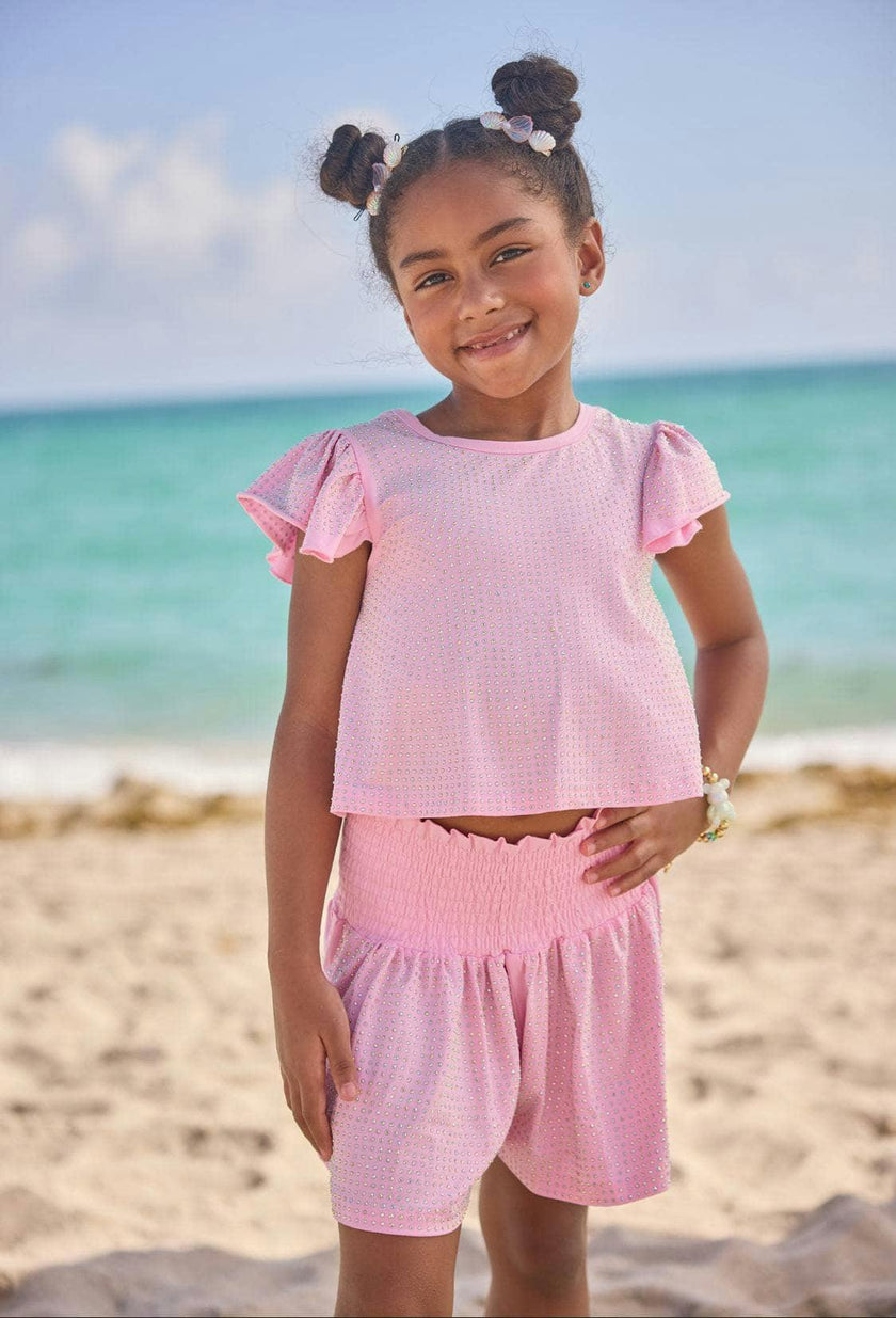 Pink Crystal Ruffle Short Set