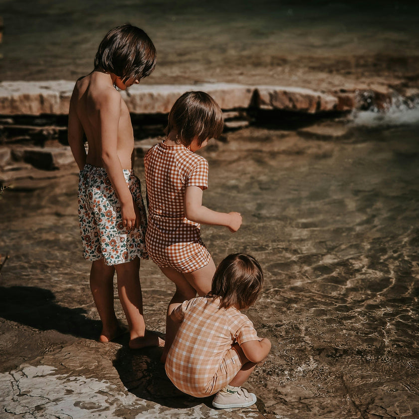 Short Sleeve Rashguard Swimsuit | UPF + Recycled - Buckwheat Plaid