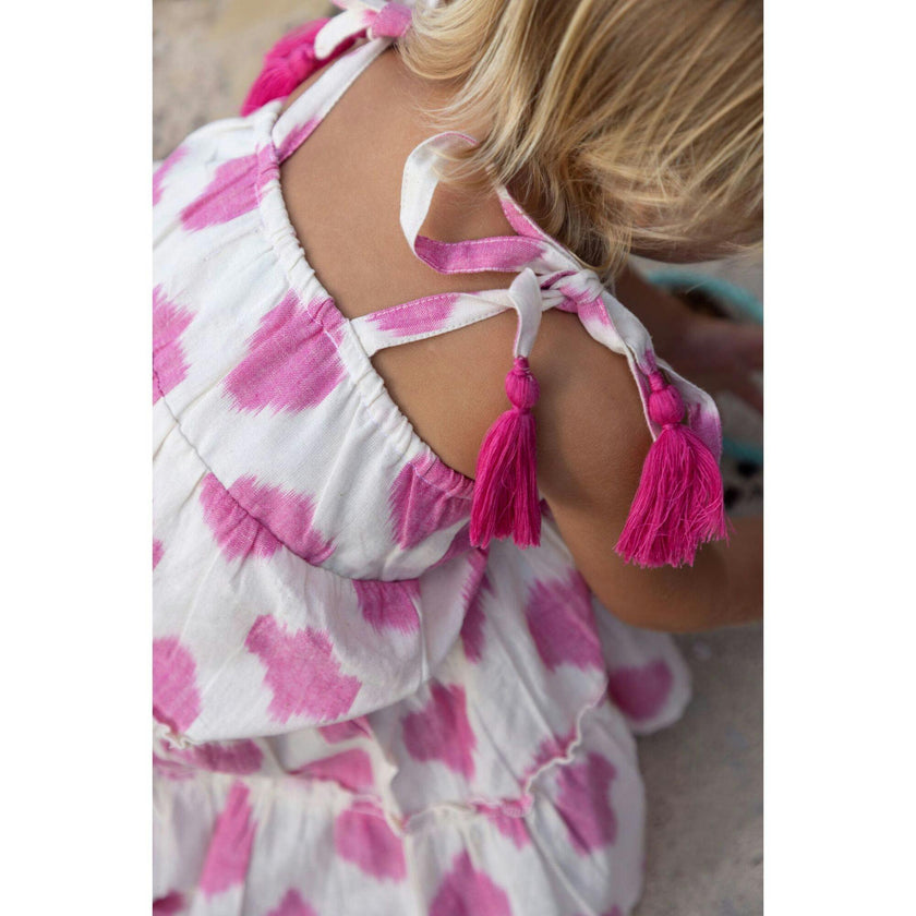 Bella Girl's Shoulder Tie Sundress White Pink Ikat, White