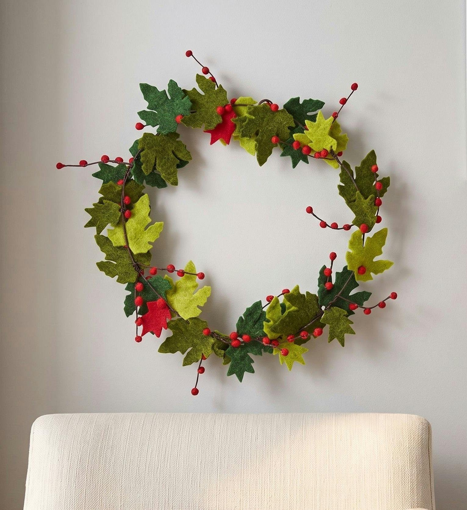 Maple Leaf Wreath Berries Hand Felted Wool - 12
