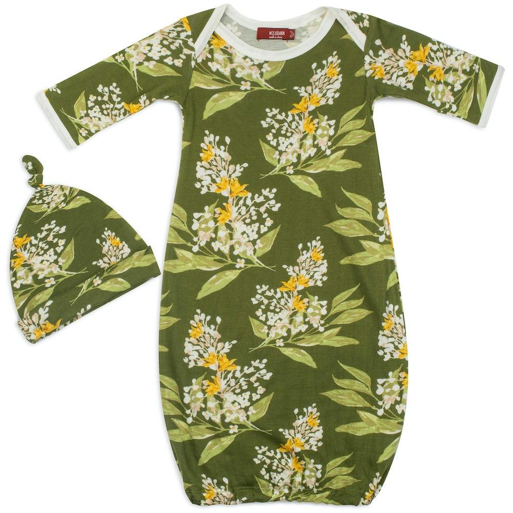 Green Floral Bamboo Newborn Gown & Hat Set