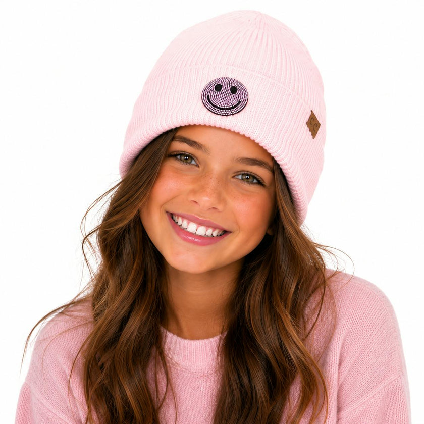 Beanie with Rhinestone Happy Face Patch