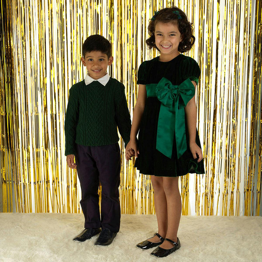 Crushed Velvet Bow Ribbon Tie Short Puff Sleeve Dress