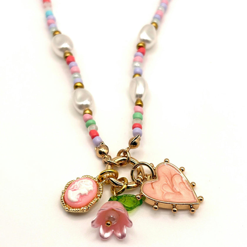 BEADED PEARL FLORAL HEART CHARM NECKLACE
