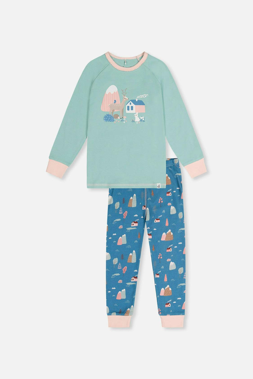 Organic Cotton Two Piece Pajama Set Blue House Print