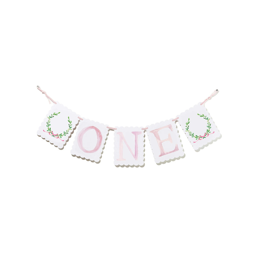 "ONE" Highchair Banner with Wreath with Pink Bow End Pieces