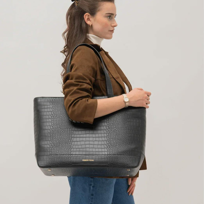 Vegan Leather Work Tote Bag with Removable Insulated Pouch, Black Croc