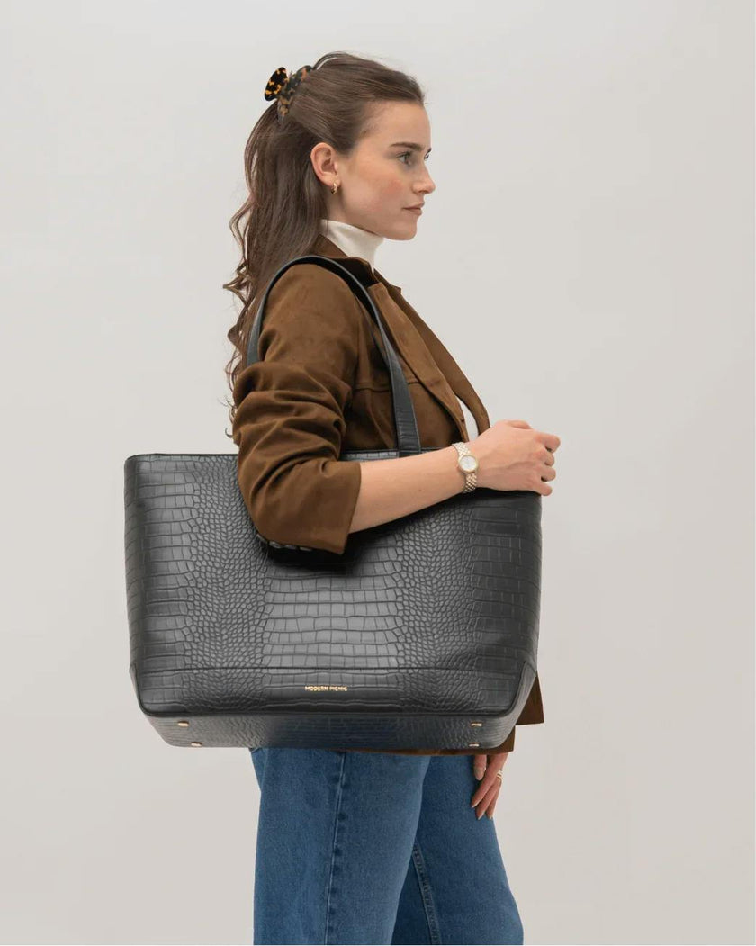 Vegan Leather Work Tote Bag with Removable Insulated Pouch, Black Croc
