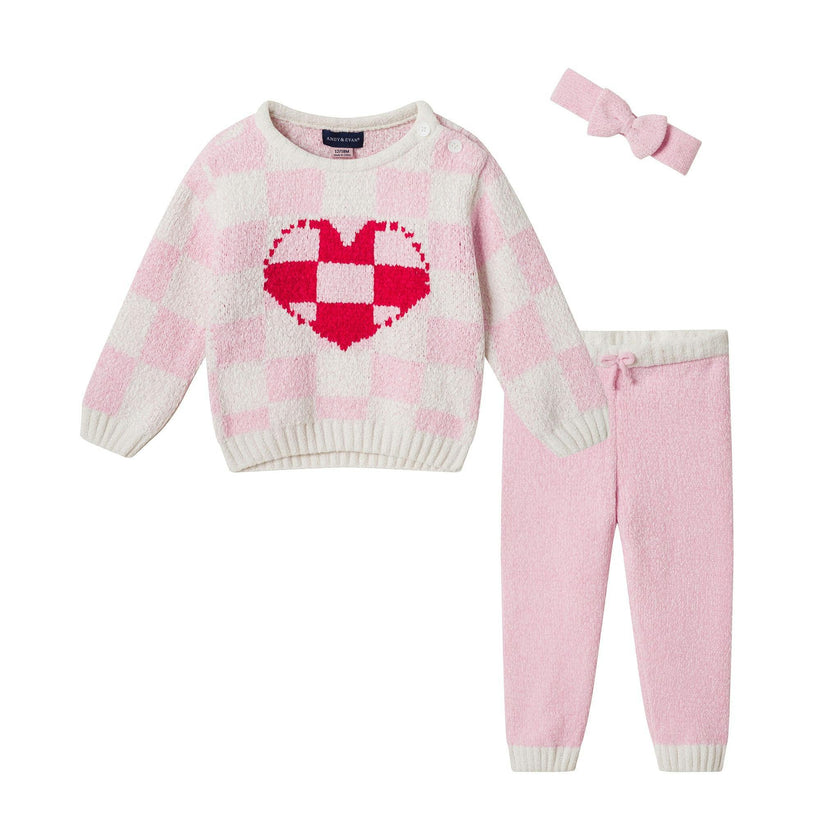 Infant Girls 3-Piece Sweater Set | Checkered Heart - Pink