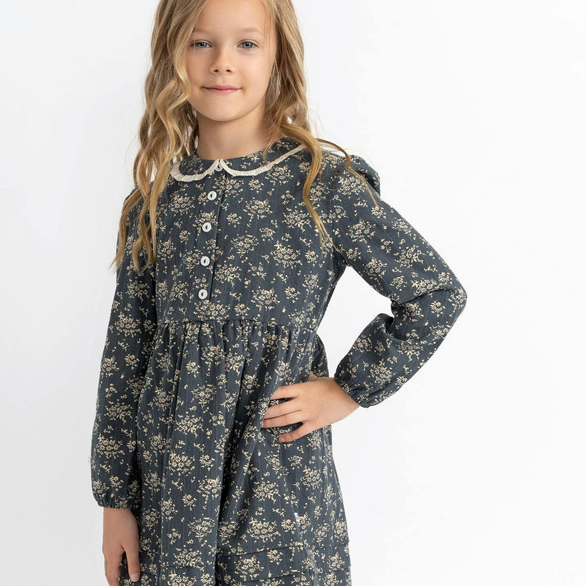 Woven Flower Print Dress Navy