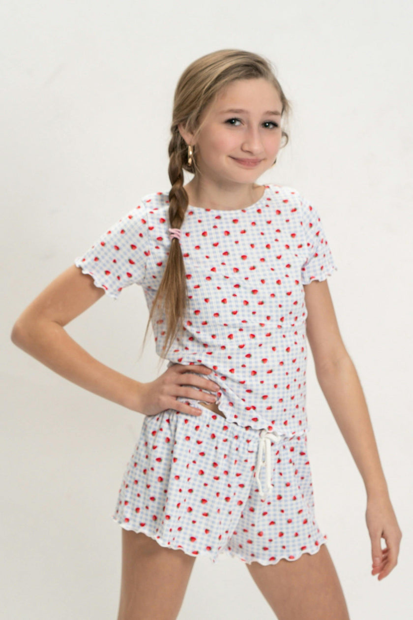 Girls Strawberry Print Short Sleeve Top and Shorts Set
