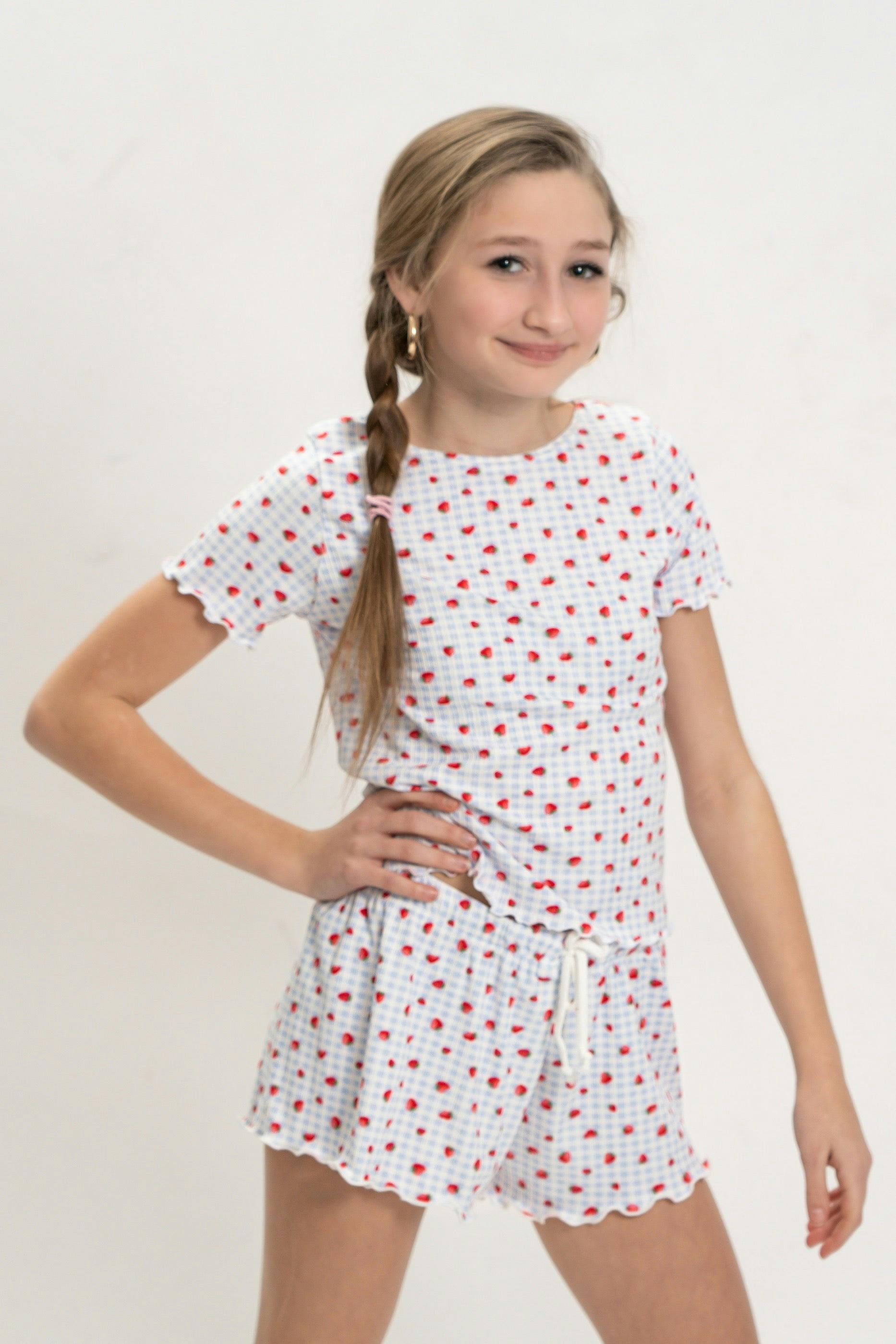 Girls Strawberry Print Short Sleeve Top and Shorts Set