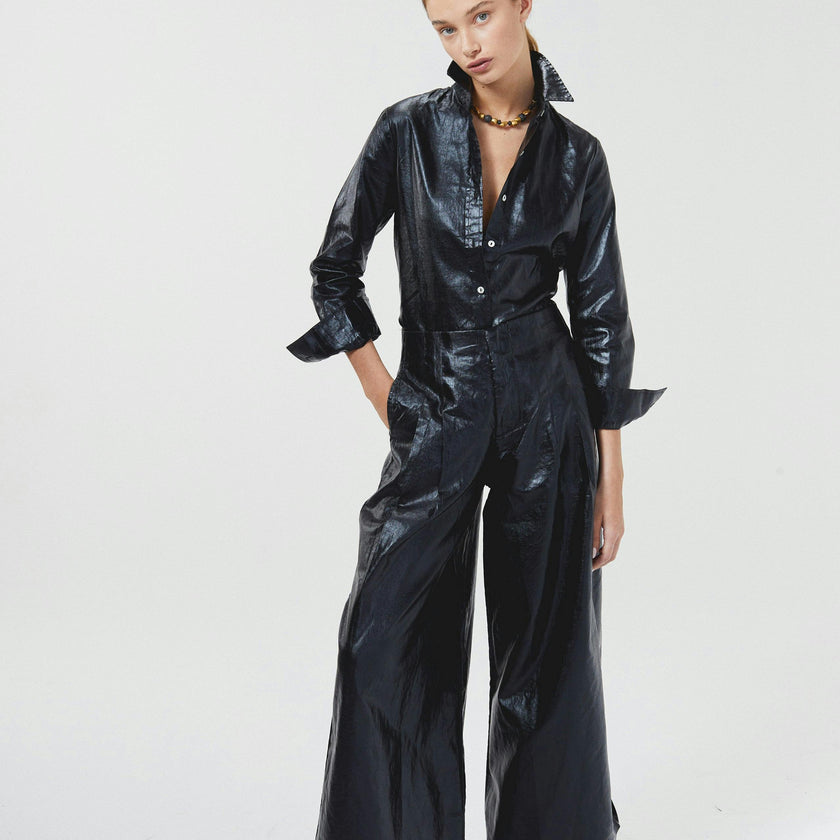 Culotte Metallic Linen Pants - Black