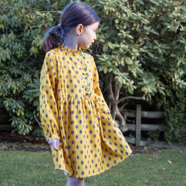Girls All-Over Print Front Ruffle Long Sleeve Dress