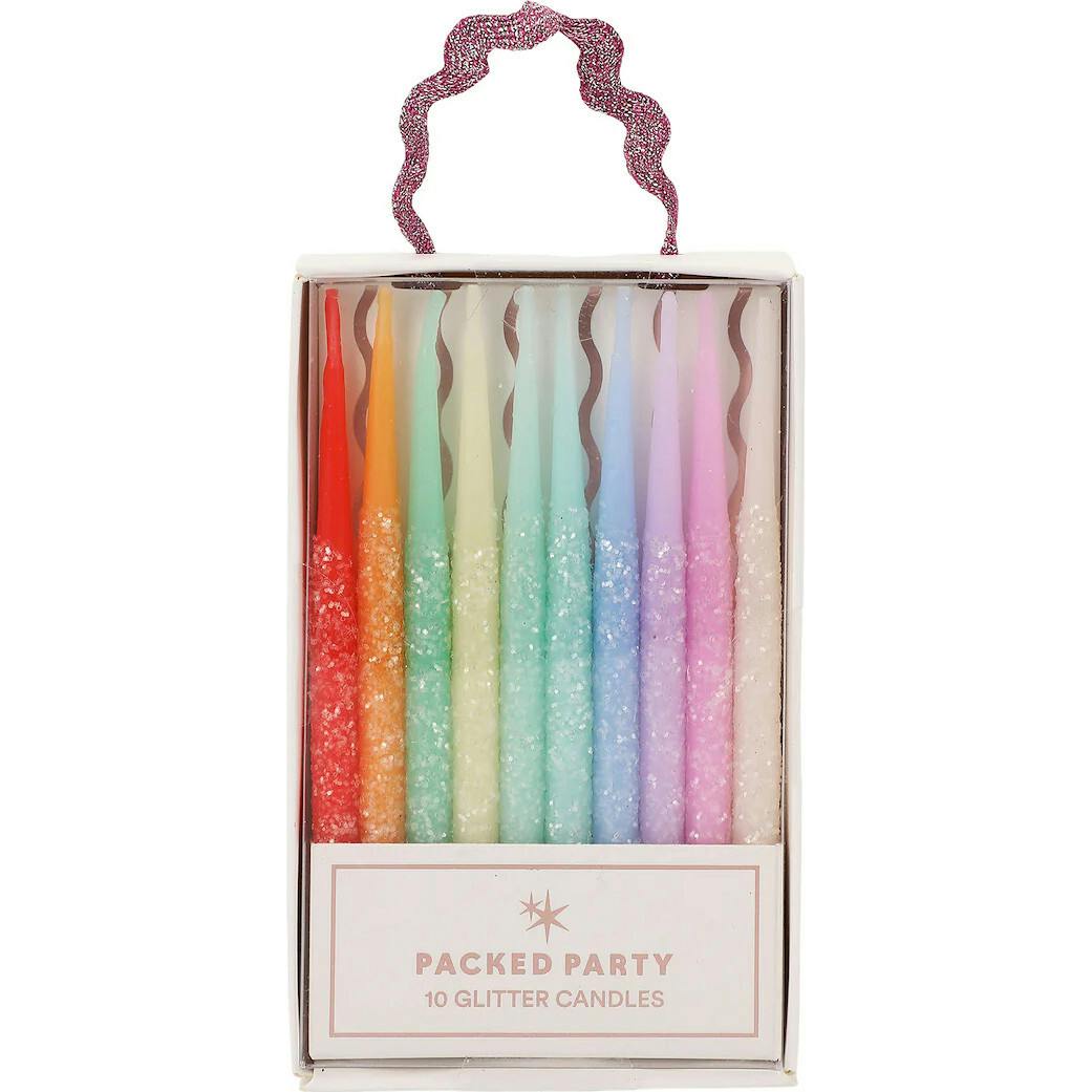 Packed Party Glitter Wishes Rainbow Birthday Candle Set of 10 - Glitter-Dipped Multicolor Pastel Beeswax Candles in Gift Box with Pink Ric Rac Handle