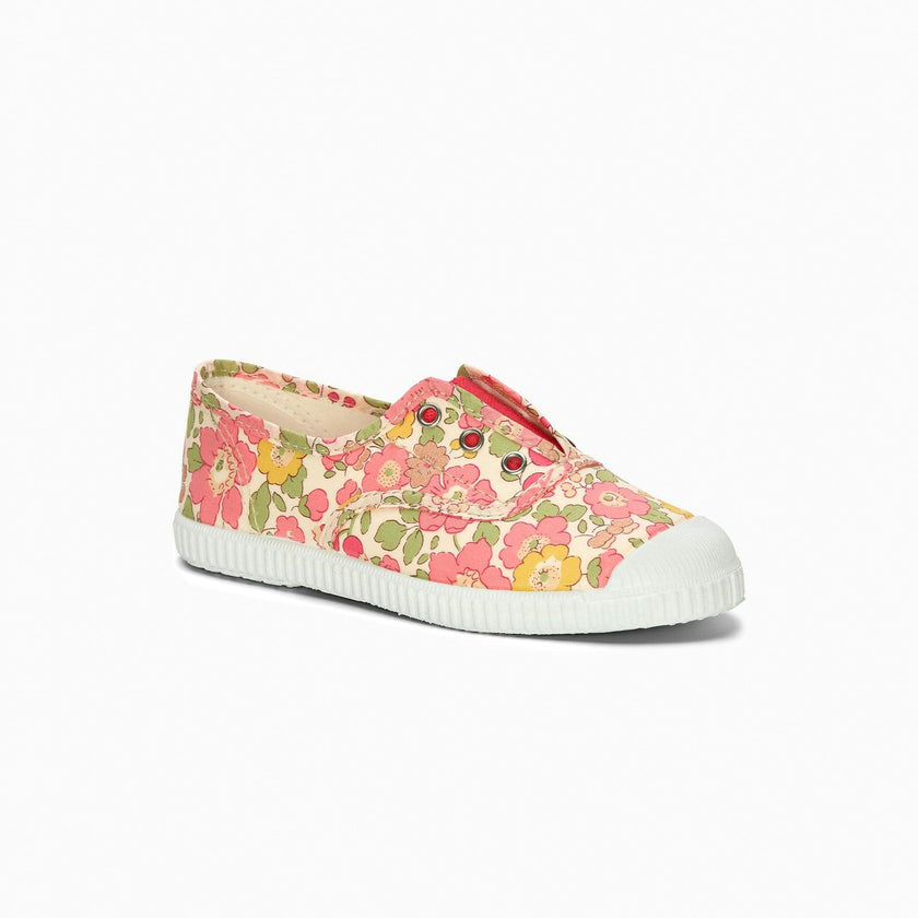 Hampton Canvas Plum Print Plimsolls in Peach Sparkle Betsy