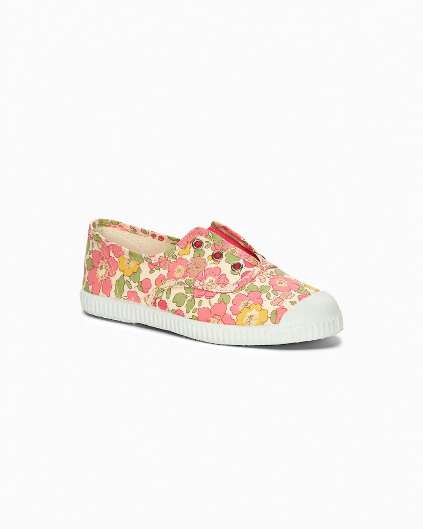 Hampton Canvas Plum Print Plimsolls in Peach Sparkle Betsy