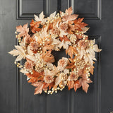 Natural Elegance - Autumn Brown Cream Maple Leaf & Berry with Mini Cafe Au Lait Mums Fall Front Door Wreath