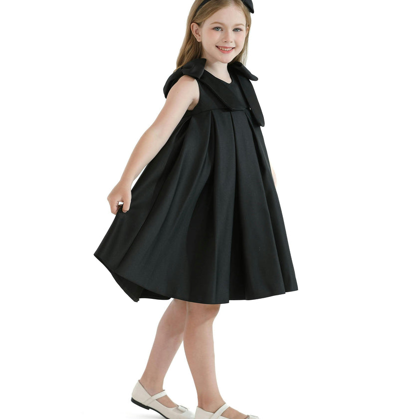 Black Palermo Satin Bow Pleated Dress
