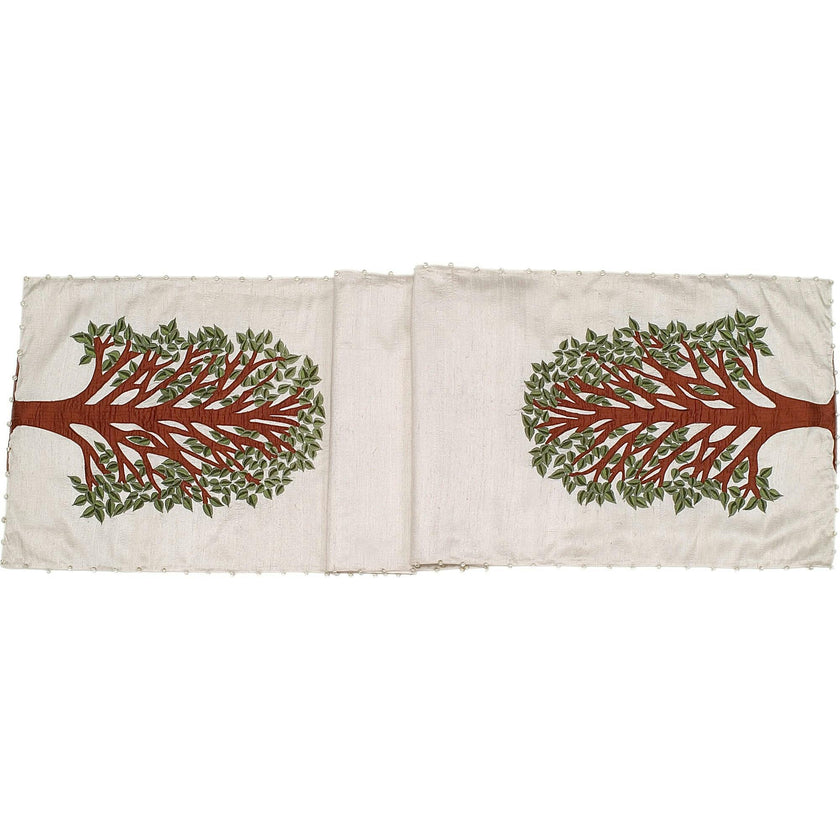 Handmade Ivory Silk Table Runner Tree of Life Embroidery and Hand Beading - 18"x72"