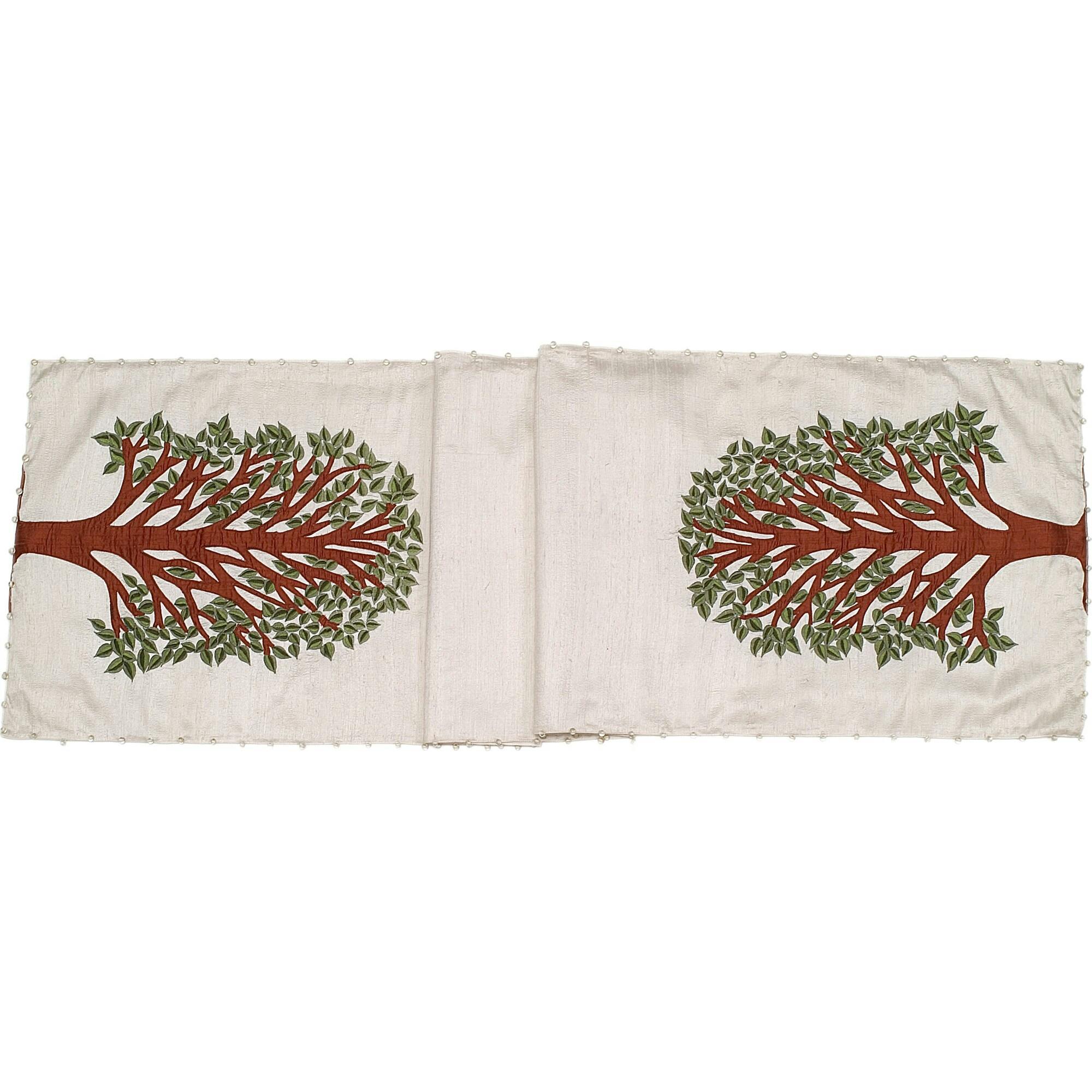Handmade Ivory Silk Table Runner Tree of Life Embroidery and Hand Beading - 18