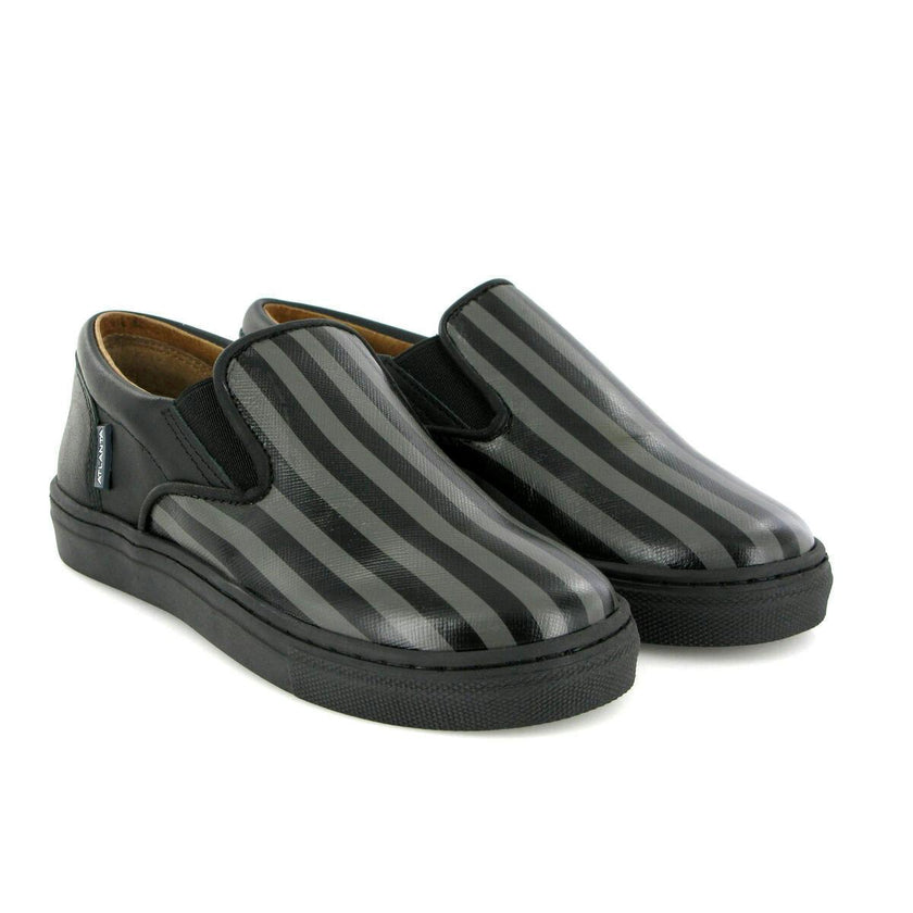 Leather Slip On Sneakers, Black & Grey Stripes