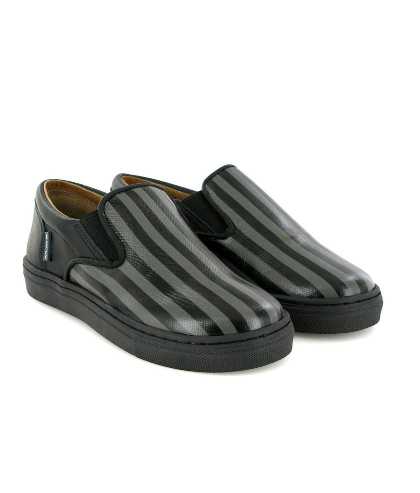 Leather Slip On Sneakers, Black & Grey Stripes