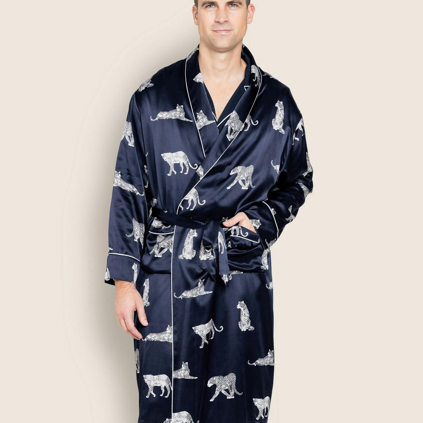 Men's Silk Long Robe in Panthère de Nuit