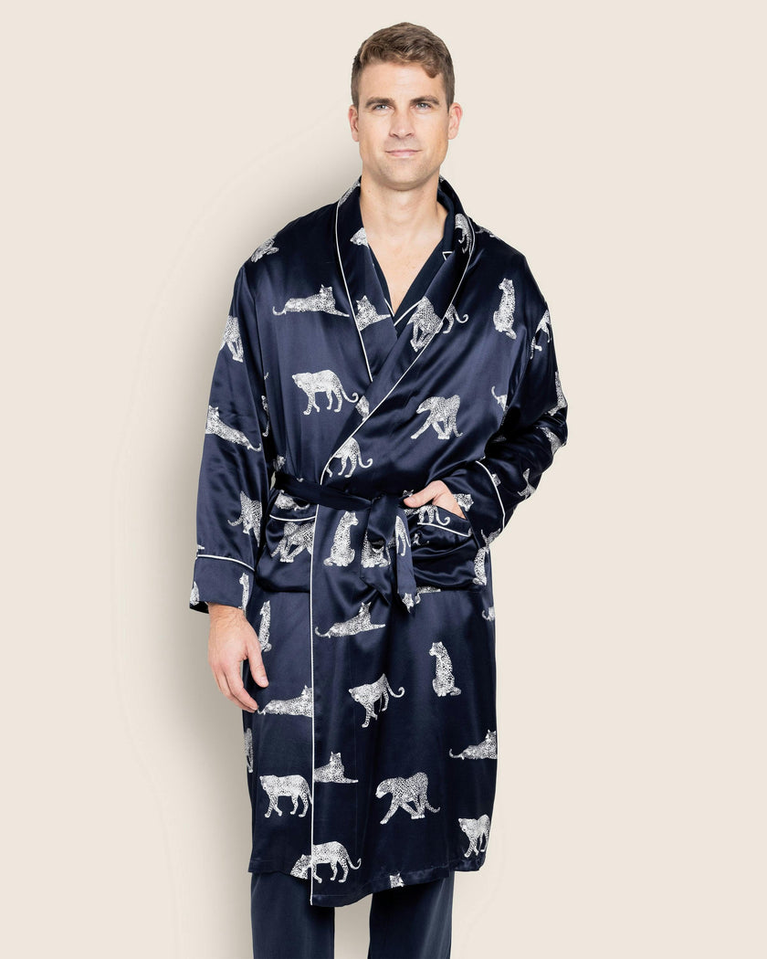 Men's Silk Long Robe in Panthère de Nuit