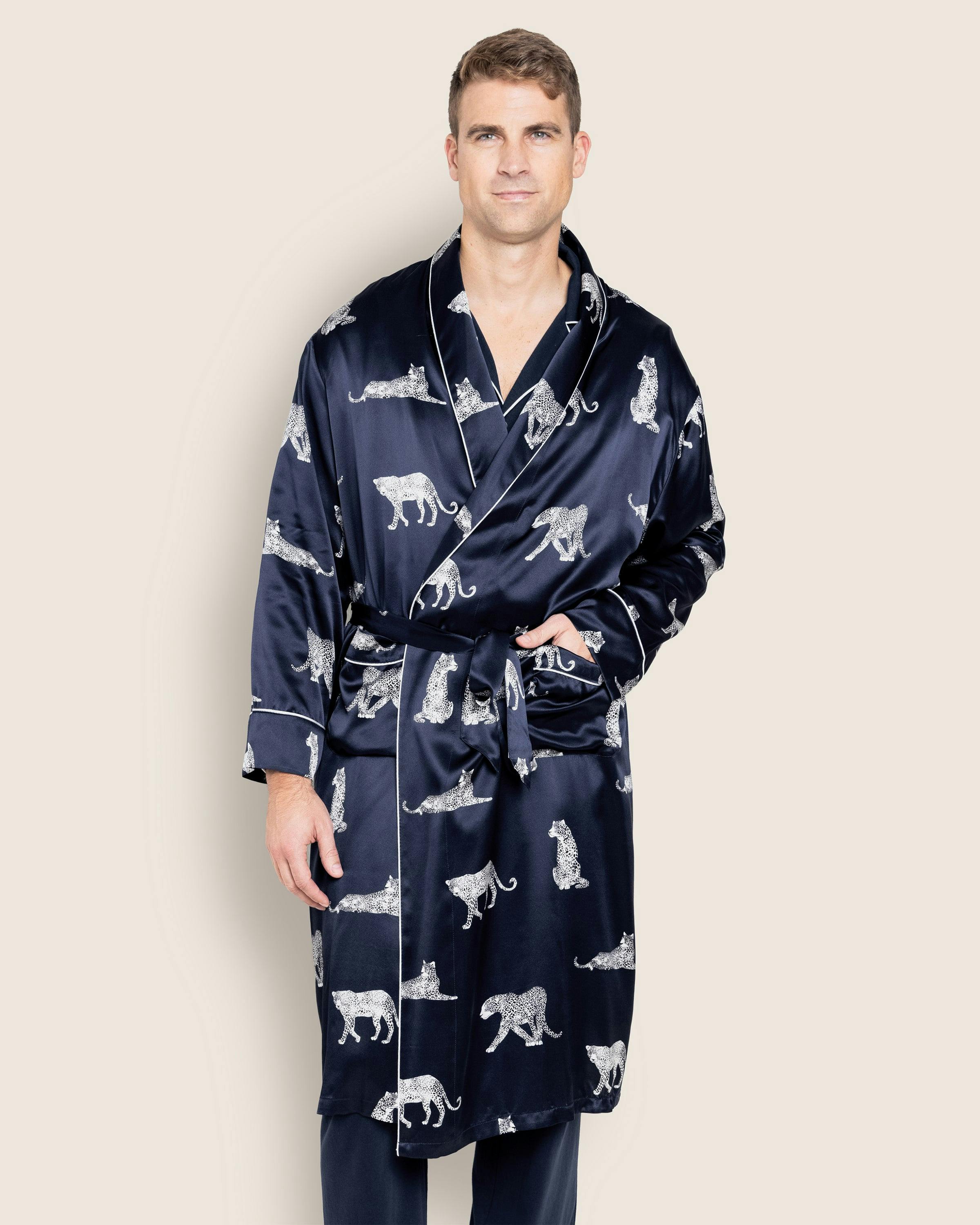Men's Silk Long Robe in Panthère de Nuit