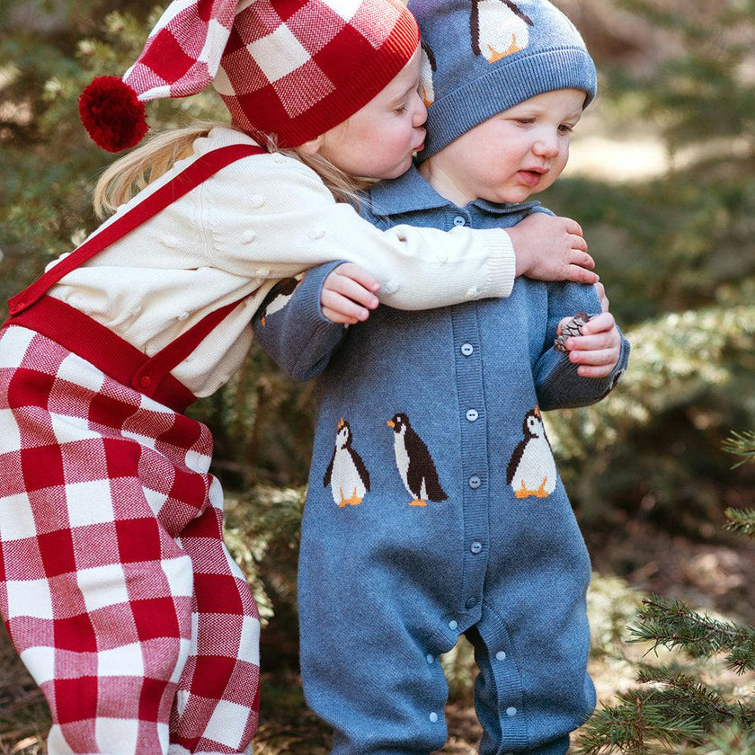 Red Gingham Knit Long Stocking Cap