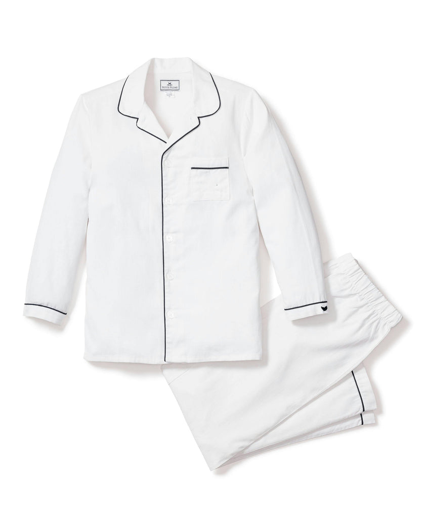 Kid's Twill Pajama Set in White with Navy Piping