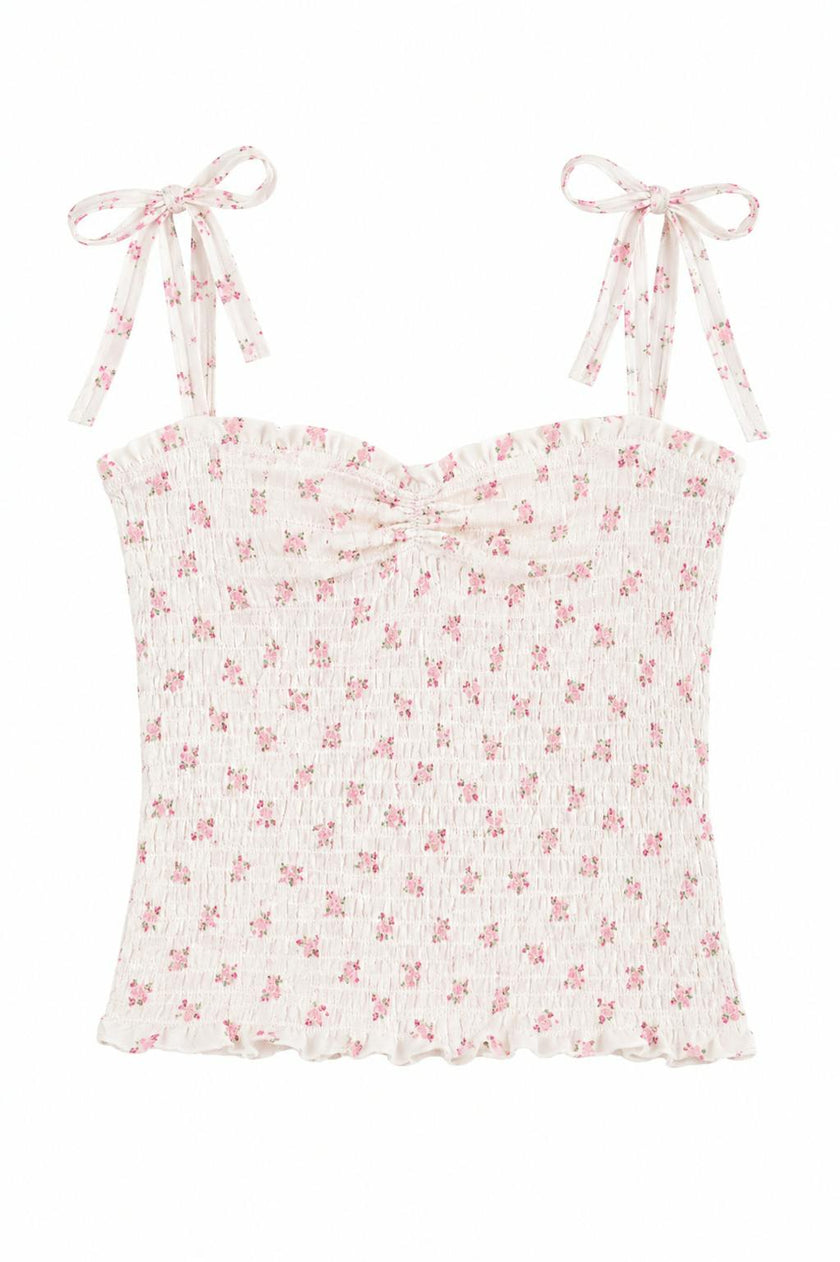Georgia White With Pastel Pink Ditsy Satin Smocked Top