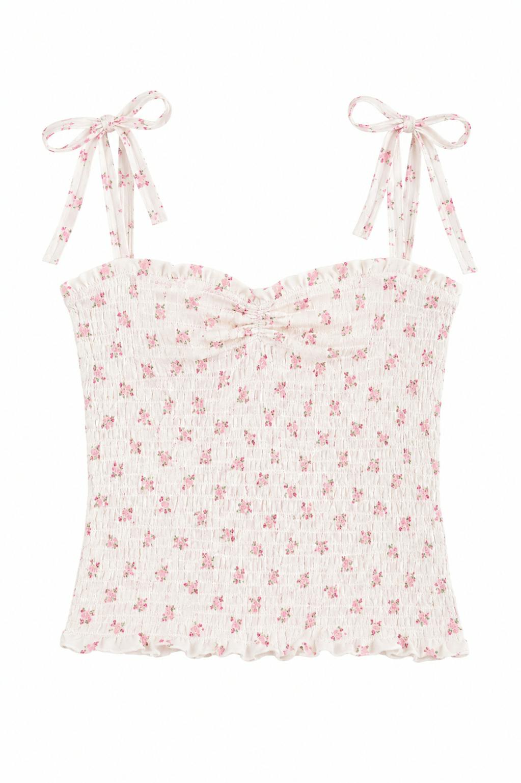 Georgia White With Pastel Pink Ditsy Satin Smocked Top