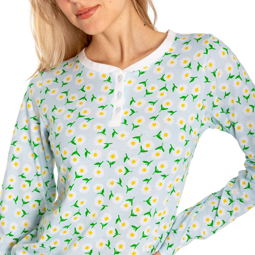 Women's Daisy Jersey Long PJ Set - Blue Organic Stretch Cotton