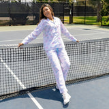 Women's Tennis Bows Long PJ Set - Blue Pink Organic Cotton Poplin